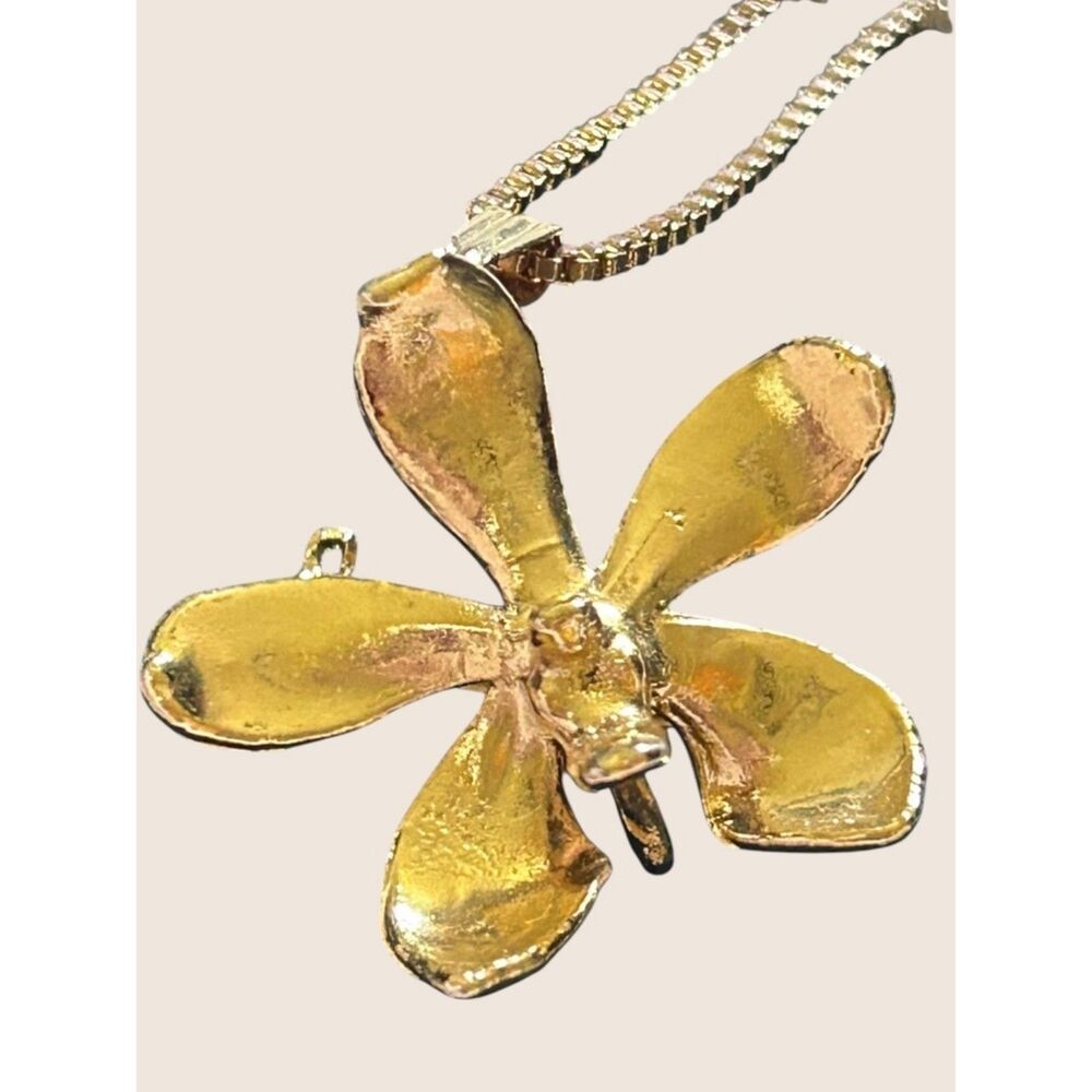 ✨VTG GOLD DIPPED REAL ORCHID BLOSSOM PIN BROOCH PENDANT SOUVENIR ASIA 24K PLATED